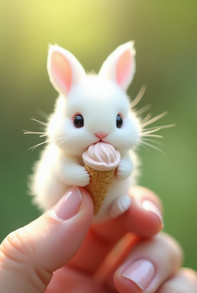 There is a little rabbit on my finger， Little Minzis body is the size of a nail cover ，White furry， It holds a small object similar to ice cream in its mouth。Natural background blurry ， to highlight the cute image of Little Minzi 。 a clear cute image of a ...