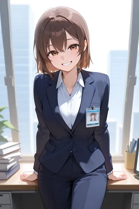 girl with short brown hair in office suit, smiling