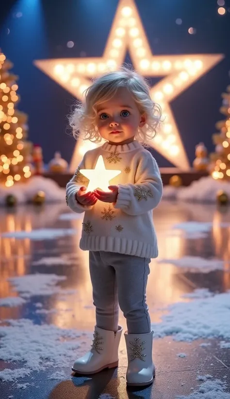 A small and cute toddler of about  ,  with fair skin and very light blond hair that shines softly under stage lights. Her big blue eyes convey curiosity and innocence, and her hair is very curly, like that of an angel..  She wears a white sweater decorated...