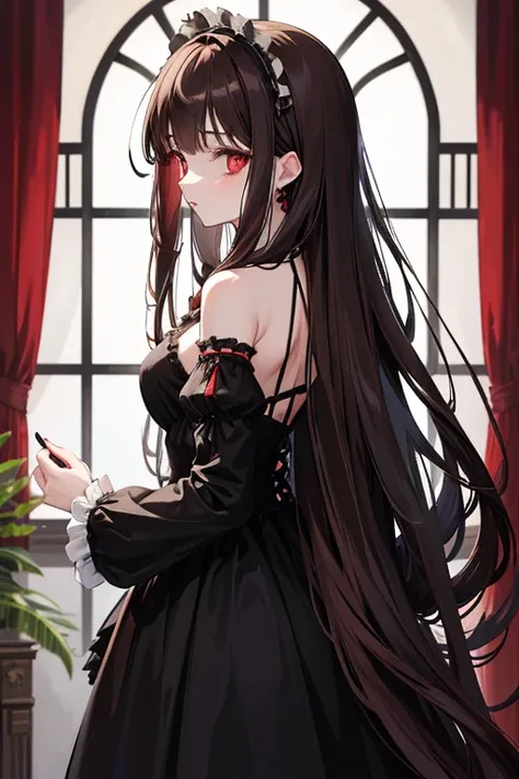 anime, long hair, lolita hair, gothic dress, dress, victorian dress, gothic art style, in a mansion, long silky brown hair down to Back, bangs, long straight brown hair, ruby red eyes, black mascara, gothic dress, dark red lipstick, light brown hair