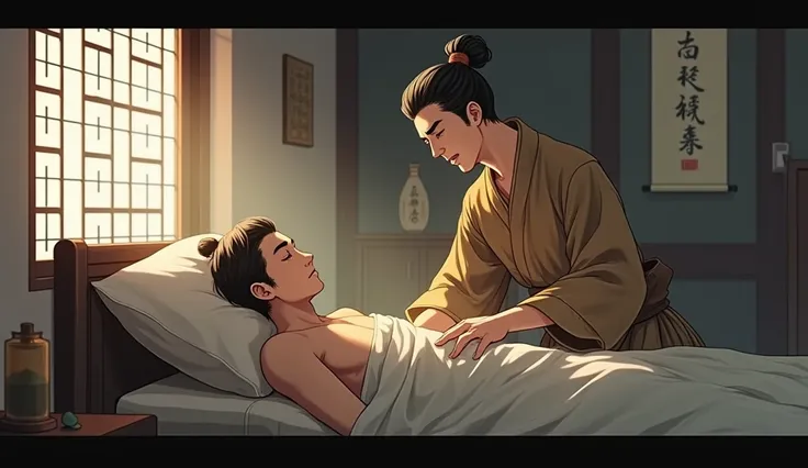 A young man from the Jin dynasty takes care of his older brother who is sick in bed