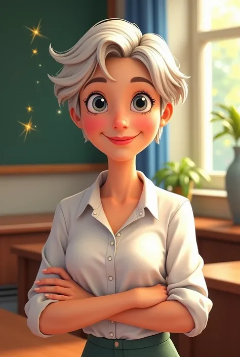 White adult teacher with light and short hair, no short hair, Disney animation type 