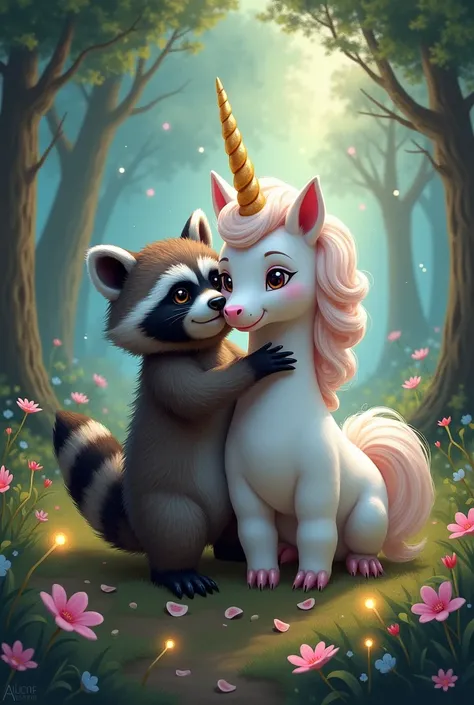 Raccoon hugging a unicorn 
