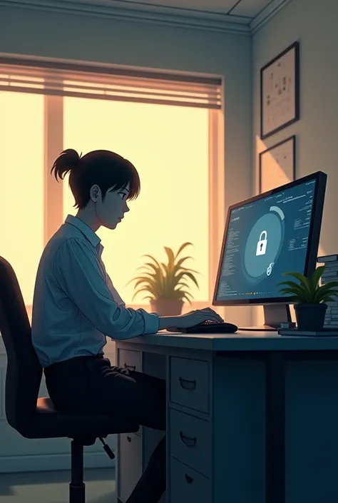 Create an image in the style of Makoto Shinkai An office setting with a computer screen showing a lock symbol on certain files, indicating restricted access.