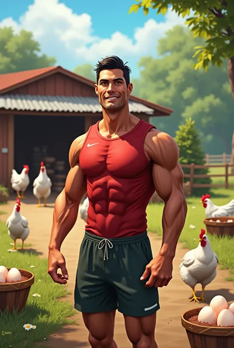 A realistic farm setting with Ronaldo-like features: a muscular man with short, slicked-back dark hair, standing proudly in front of a chicken farm. Chickens roam freely, and eggs are visible in baskets. The setting is bright and cheerful with lush