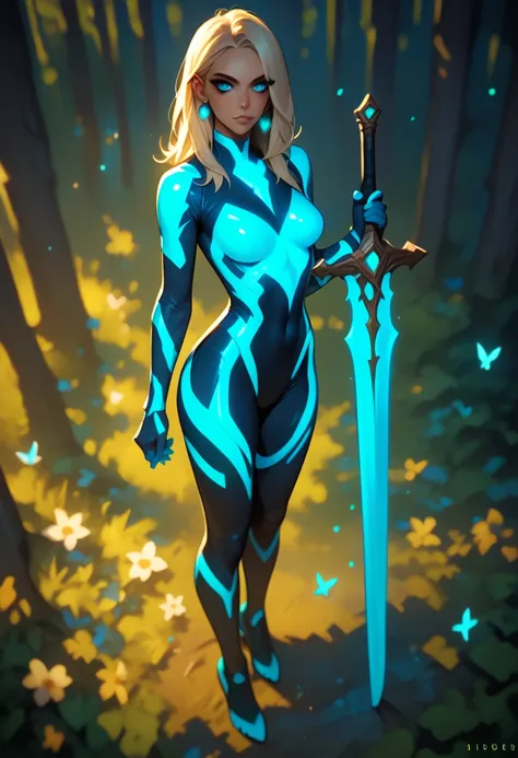 beautiful girl with glowing clothing standing in the woods wearing light armor and a sword, 1girl, solo, breasts, blonde hair, earrings, blue eyes, jewelry, bodysuit, covered navel, medium breasts, looking at viewer, skintight, holding, lips, full body,hks...