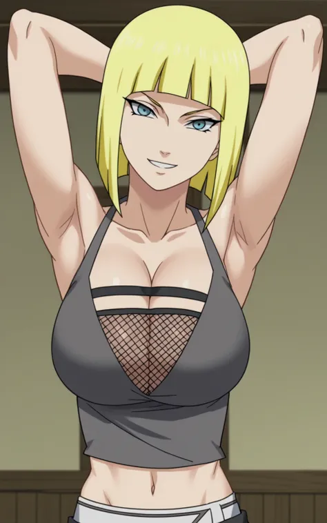 score_9, score_8_up, score_7_up, source_anime, anime screencap, 1girl, solo, samui, short hair, yellow hair, fishnet top, crop top, large breasts, blue eyes, midriff, cleavage, blunt bangs, arms behind head, armpits, looking at viewer, head towards viewer,...