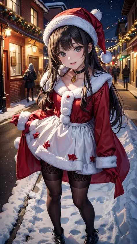   masterpiece,   better quality ,  High resolution,  beautiful and detailed eyes ,  extremely detailed face , Detailed CG,  a girl; Standing,  Holds a Christmas candy cane with his right hand,  Seen from above,  Mirando al espectador,   long black hair ,  ...