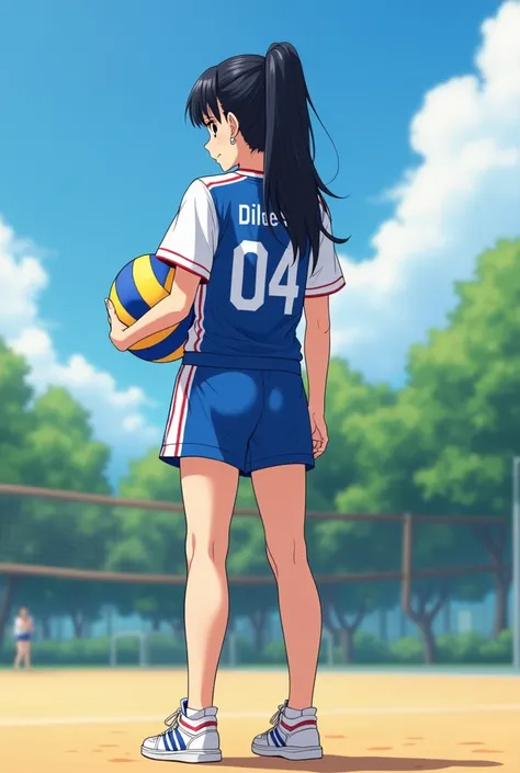 A girl in the out door vollyball court with a volleyball.she is wearing a jersey and short bottom and long mese and shoes.her dress colour code is blue and white. her jersey number is 04 and her name is "Dileesha". her hair is black and her hair long littl...