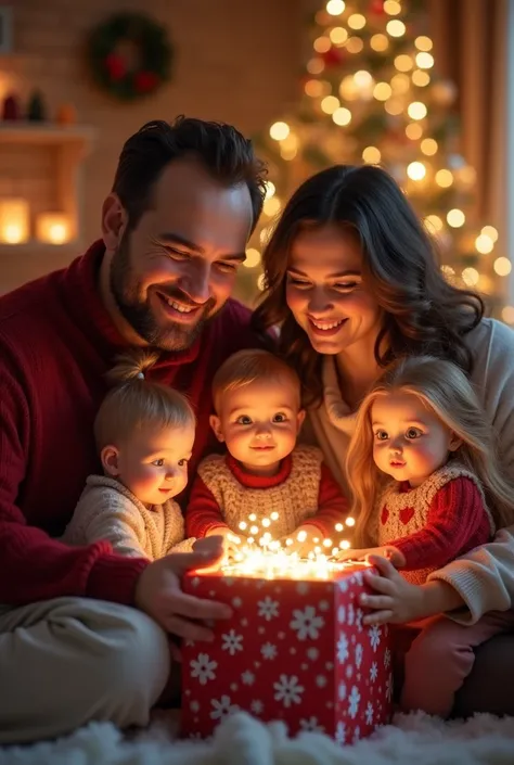 A couple whose man is fat and his wife is thin with their big  girl and a  baby gathered in Christmas clothes opening their presents that are animated dolls 