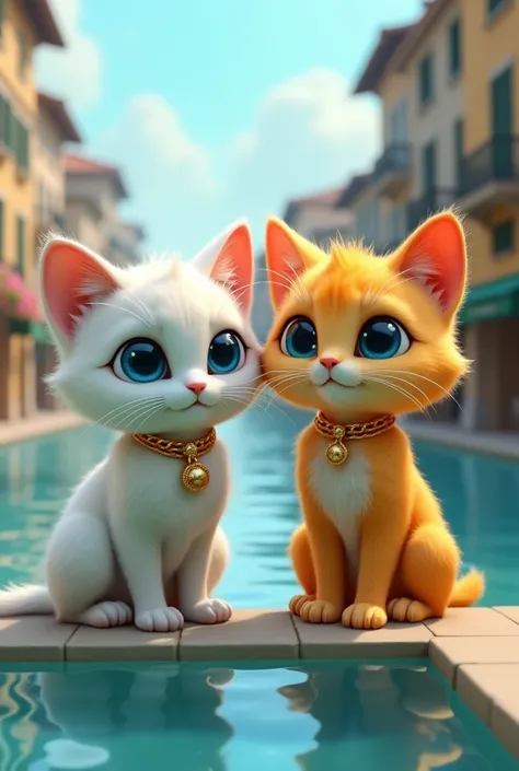 create 3d art, white and yellow tow cats in the street, prity big eyes, blue eyes, cats in near the blue colour water full, cats have gold Jewelry,  