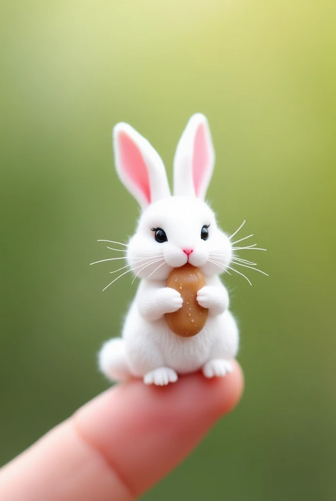 There is a little rabbit on my finger， Little Minzis body is the size of a nail cover ，White furry， It holds a small object similar to ice cream in its mouth。Natural background blurry ， to highlight the cute image of Little Minzi 。 a clear cute image of a ...