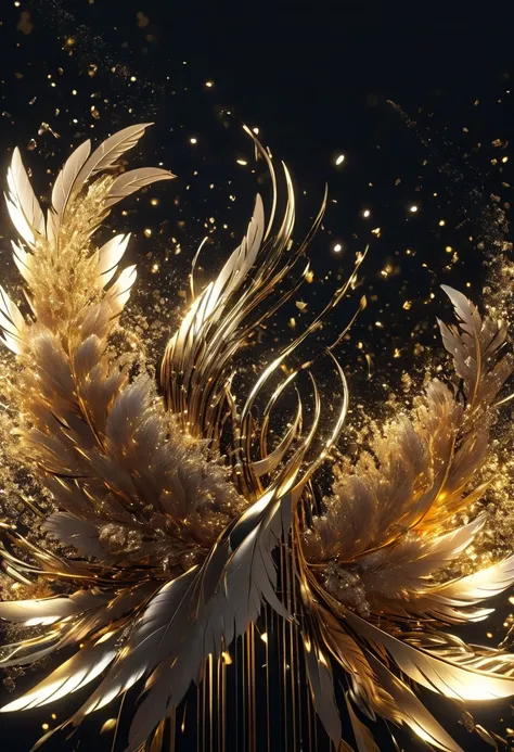 "An elegant black and gold phoenix rising from golden ashes, intricate feather details, cinematic lighting, art deco style, wide aspect ratio, high-resolution illustration suitable for a 1500x500 pixels banner."