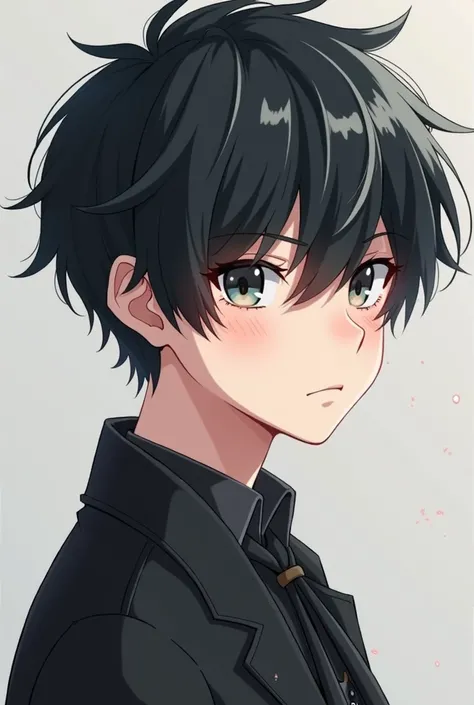 Anime boy with a black wolfcut hair, and gray eyes, and a bit gothic