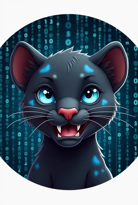 Create a circular profile picture of a dark gray baby panther focusing only on its face. The panther is slightly cartoonish, has bright blue eyes, a happy expression. playful and goofy smile, mouth open to see the fangs but fangs not threatening and subtle...