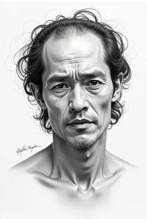 sketch, filipino guy mid 40s, medium dark complexion, receding hairline almost bald but a little curly and long that reaches the shoulder. thin long face, round but eyes. with a derrqnged stare. more sunken face and sullen expression