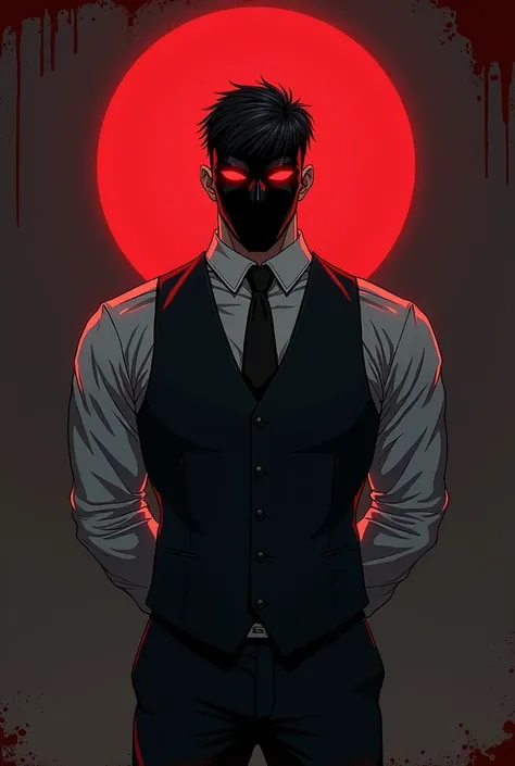  A man with his hands behind his back ,  wearing dress clothes without a blazer ,  just a white shirt with a vest black and suspenders on top,  large and slightly protruding muscular body ,  dark background with lighting coming from behind the man ,  chara...