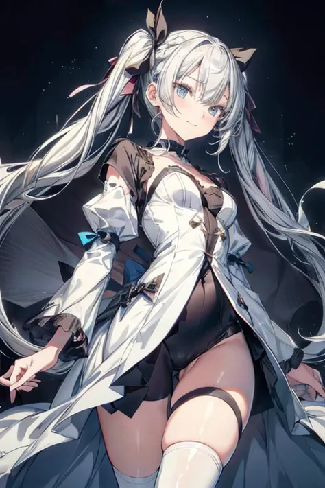 (from below:1.2),masterpiece,  top quality ,  Very Refined, zPDXL, 2023,  ANIME STYLE, huge filesize,  wallpaper,  BREAK suviav5 ,  One girl , Alone, length hair, hair ribbon,  green eyes, two side up, ,  twin tails, medium , grey hair, (a domineering girl...