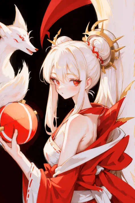  kitsune girl in red and white yukata,  white hair bandage on the eyes,  tied in a bun , fox white ears .