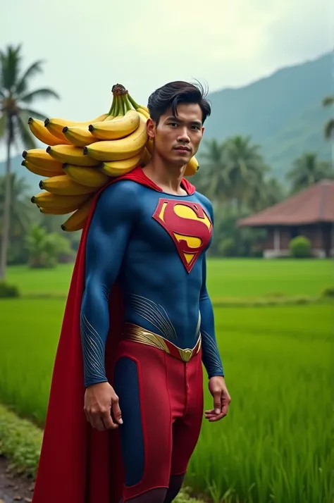 A handsome young Bangkok man wearing a classic Superman costume, is walking carrying a bunch of bananas on his shoulders, rural atmosphere in Indonesia