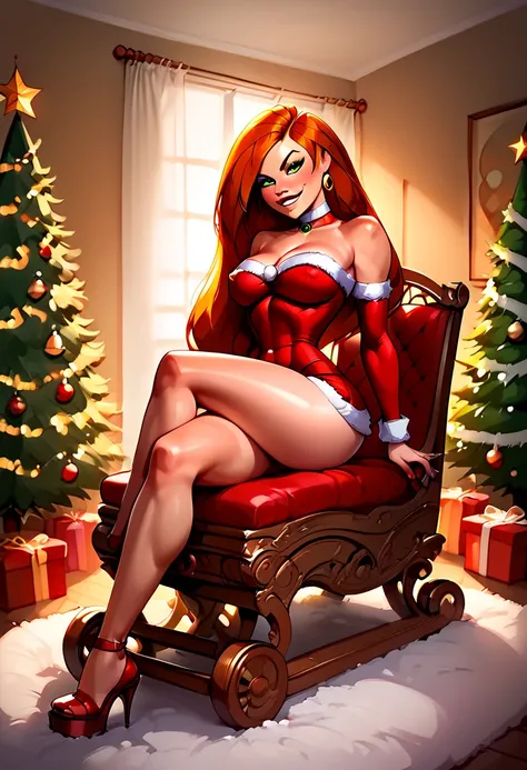 Kim Possible、Miniskirt Santa Outfit、 attractive,desire, Obscene, green eyes,thick,curvy, orange hair, green eyes, orange hair, long hair, Captivating body lines , (( fine facial features , seductive smirk, eroticism)), dramatic lighting , 8k , snowy Christ...