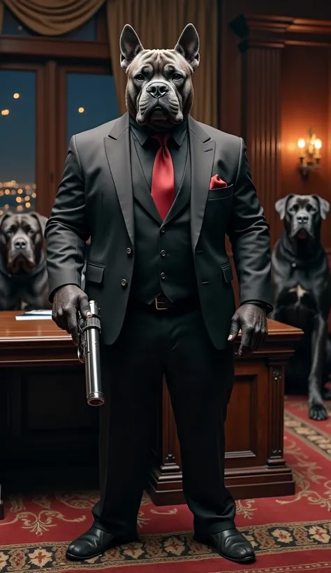 A dominant and imposing Cane Corso hybrid with a human-like body, standing at normal height with a powerful, muscular build that exudes authority and strength. Its dense, short coat is a striking dark grey, highlighting the hybrid’s broad shoulders and mus...