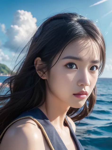 a beautiful japanese female pirate, pirate ship, open ocean, small islands, small breasts, frontal view, (best quality,4k,8k,highres,masterpiece:1.2),ultra-detailed,(realistic,photorealistic,photo-realistic:1.37),detailed face, detailed eyes, detailed lips...