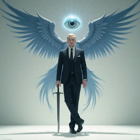 A very light-skinned man shining , in an elegant suit resting a sword on the ground and above his head an eye with wings,