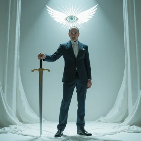 A very light-skinned man shining , in an elegant suit resting a sword on the ground and above his head an eye with wings,