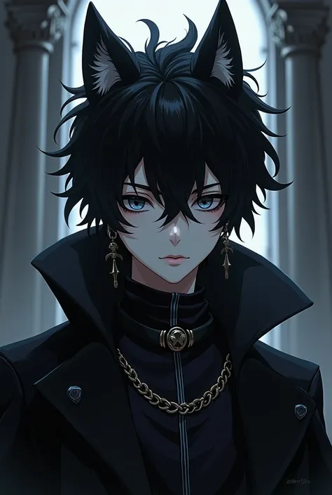 A gothic anime teen boy with black style and wolf cut