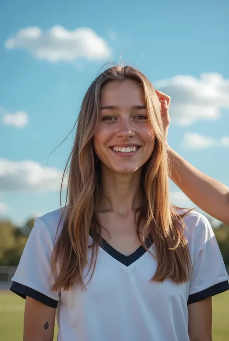  a young woman with long, straight hair that falls softly on her shoulders .  Her hair has a light brown shade and shines under the sunlight ,  highlighting the naturalness of her style .  she smiles slightly ,  showing a friendly and relaxed expression .
...