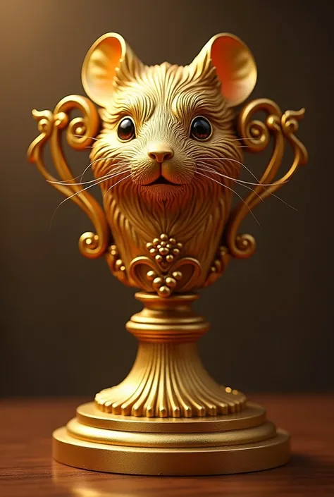 A gold trophy with the face of a golden rat