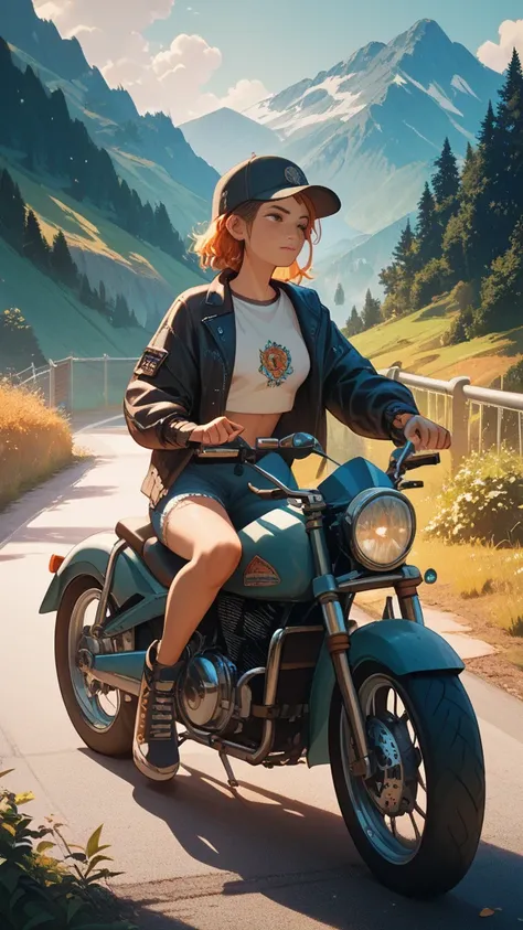 A (teenage) female student is riding a motorcycle along a mountain pass