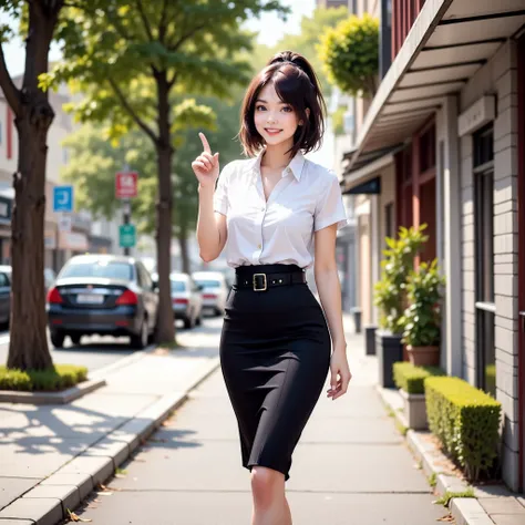 a young Asian-Thai woman stands on the side of the street. her dark hair pulled back in a sleek ponytail. She is wearing A white short-sleeved collared six button-down shirt, black pencil skirt, black belt. and sneakers with a gray and black design, with a...