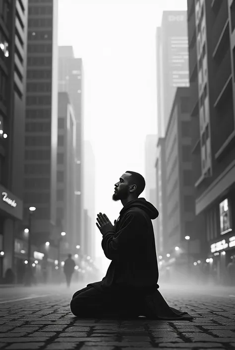 a man kneeling in the middle of a city giving thanks to the sky in black and white