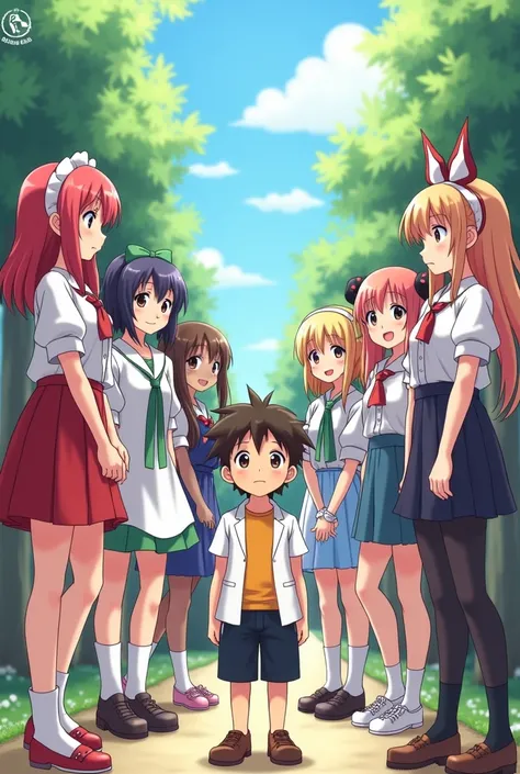 A boy standing with eight beautiful girls in anime verse