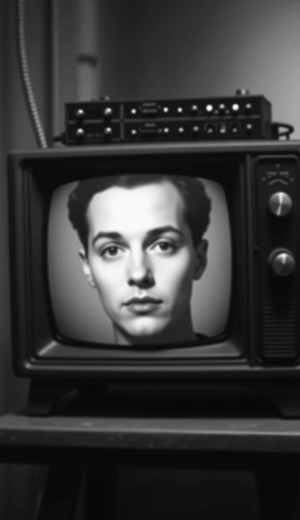 An animated recreation of the first television transmission. The screen shows a blurry, black-and-white moving image of a face being broadcast, with old equipment transmitting the signal in the background.
