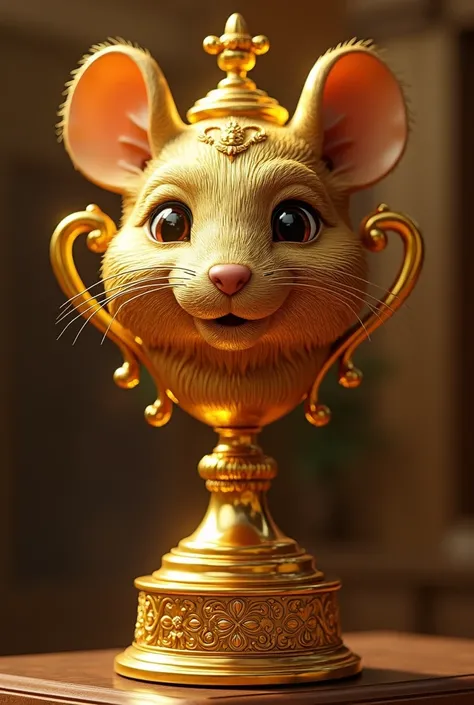 A gold trophy with the face of a golden rat