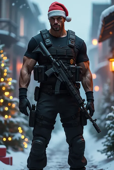 Chris Redfield wearing Christmas hat , wearing his tactical suit ,  is a black long sleeve t-shirt and black military pants of Resident Evil Village Hound Wolf holding an assault rifle with a Christmas background.