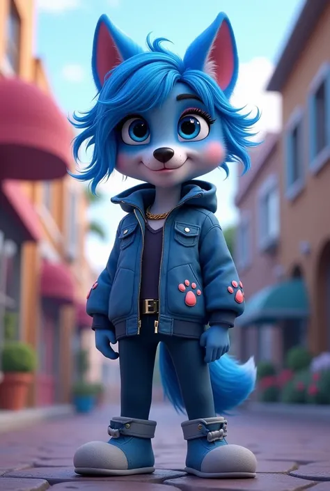 Blue-haired wolf puppy with blue pupils with sexy clothes human version Paw Patrol animation 