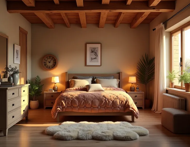 A cozy rustic bedroom with wooden beams on the ceiling, a warm-toned quilted bedspread, a distressed wooden dresser, and a soft sheepskin rug.