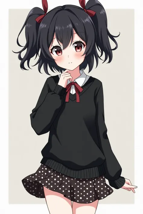  an anime character,  with a completely white skin color ,  with loose black hair with two Maria Chiquinha,  black clothes on the white border , a polka dot skirt ,  and the main characteristic is being cute 