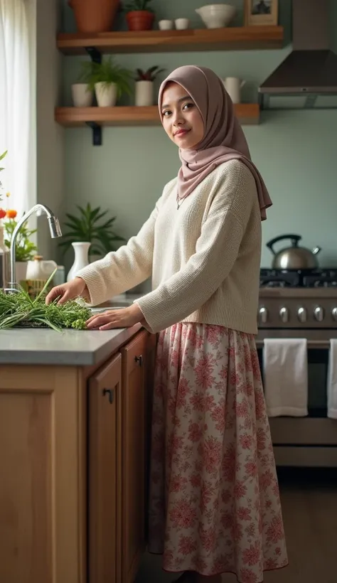 Best quality, masterpiece, realistic, photography, full body shot. A 20 years old Indonesian man wearing knitted sweater, floral maxi skirt, hijab, and sandals cleaning the kitchen. Cute face, light makeup, detailed face features, detailed clothing, facing...