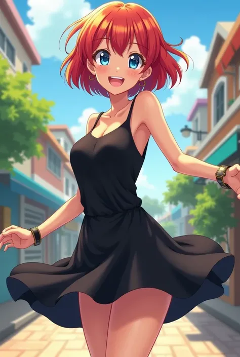  full body photo of a fairly cheerful adult woman of 28 years, short red hair, Anime version, dressed in a short black open summer dress,  blue eyes, Dancing.