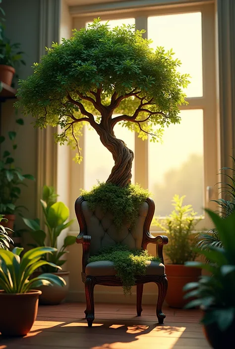 Help me create a tree on a chair at dusk in the room There are plants in the room