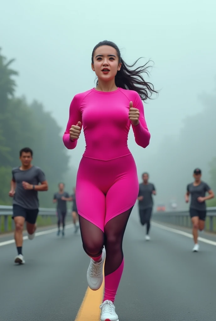  indonesian mature woman,  wearing a long tight sports shirt in pink,  and transparent black striped tight leggings , fair skin, hourglass shape body (( tight and densely filled)), round breasts, large round buttocks (( beautiful hips seekali )), thick mar...