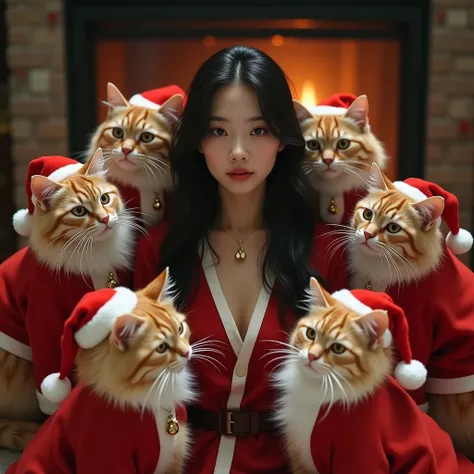 A group of cats dressed as Santa Claus surround a beautiful young Japanese woman, photorealistic, indoors with a fireplace in the background,