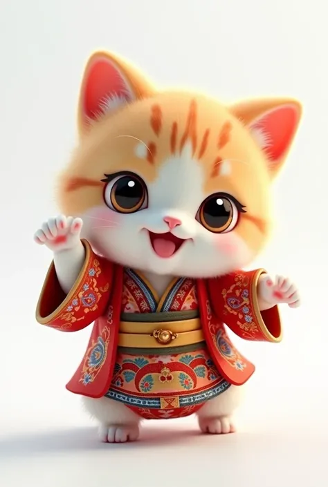 cute cat wearing traditional japanese silk costume, movie lights, clean white background, quality colors, full body 3D model, ancient japanese cultural elements, action, blind box toys page. (fill body: 1.2), chibi ,-- performance style --AR 3:4 --performa...