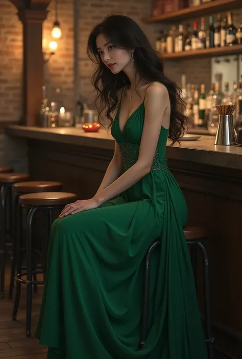 A girl in a green dress sitting on a bar stool