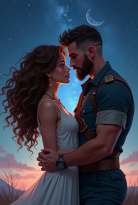  A girl with curly curly brown hair with a military-style boy, short beard full body and slender , In love under the night full of stars and the moon in the background 